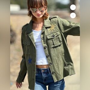 Billy T Lucky Me Embroidered Khaki Green Jacket Everyday Festival Casual Size XS